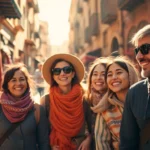 Family holiday in Morocco featuring a joyful family exploring bustling souks with vibrant colors and traditional markets.