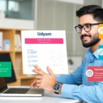 Man using a laptop to complete Udyam registration online with important documents ready, showcasing streamlined MSME registration steps for entrepreneurs.