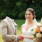 An elegant scene representing eskuvoi fotozas, capturing a couple during their wedding ceremony